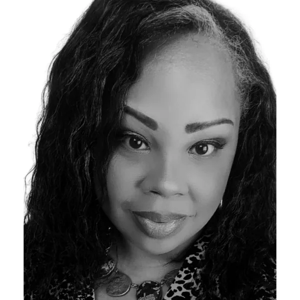 Black-and-white portrait of Brandi Caudell