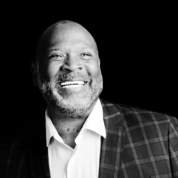 Black-and-white portrait of Darryl Johnson