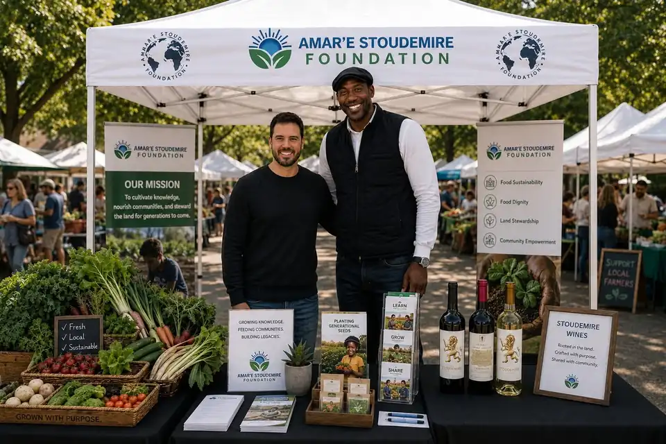 Amar'e Stoudemire at an Amar'e Stoudemire Foundation farmers market booth with fresh produce and Stoudemire Wines